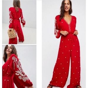 Free People Red jumpsuit embroidered long sleeve size small new with tags